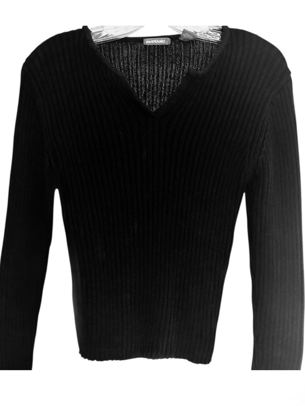 Outlooks Black Ribbed V-Neck Long Sleeve Cropped 100% Cotton Sweater Medium
